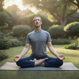 A realistic, shaded drawing of Mark Zuckerberg practicing yoga in a peaceful garden at sunrise, with a hint of focus and tranquility.