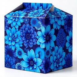 A carton box design featuring a dynamic floral pattern with large, bright flowers in shades of blue