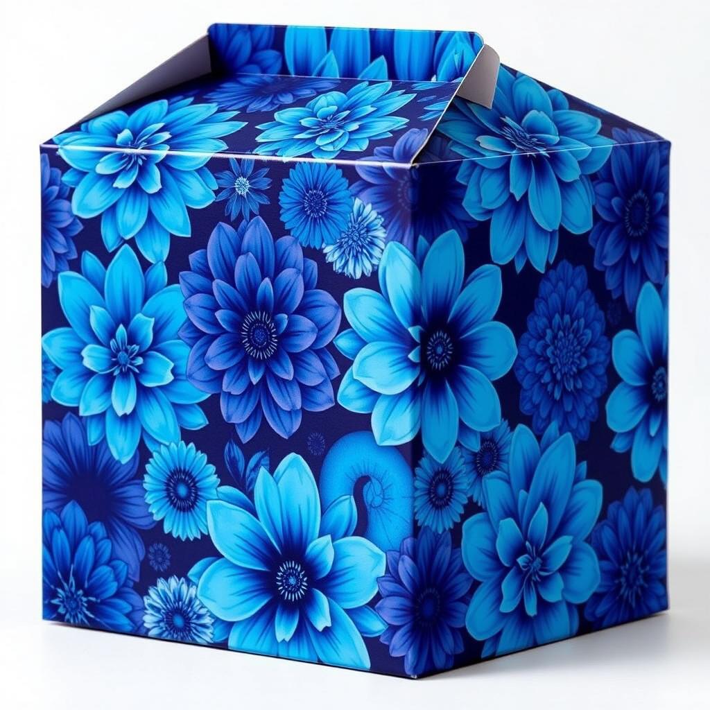 A carton box design featuring a dynamic floral pattern with large, bright flowers in shades of blue