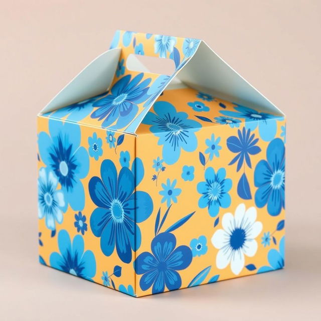 A carton box design featuring a dynamic floral pattern with large, bright flowers in shades of blue