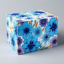 A carton box design featuring a dynamic floral pattern with large, bright flowers in shades of blue