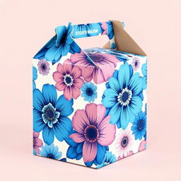 A carton box design featuring a dynamic floral pattern with large, bright flowers in shades of blue