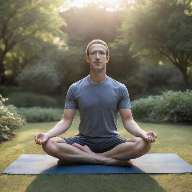 A realistic, shaded drawing of Mark Zuckerberg practicing yoga in a peaceful garden at sunrise, with a hint of focus and tranquility.