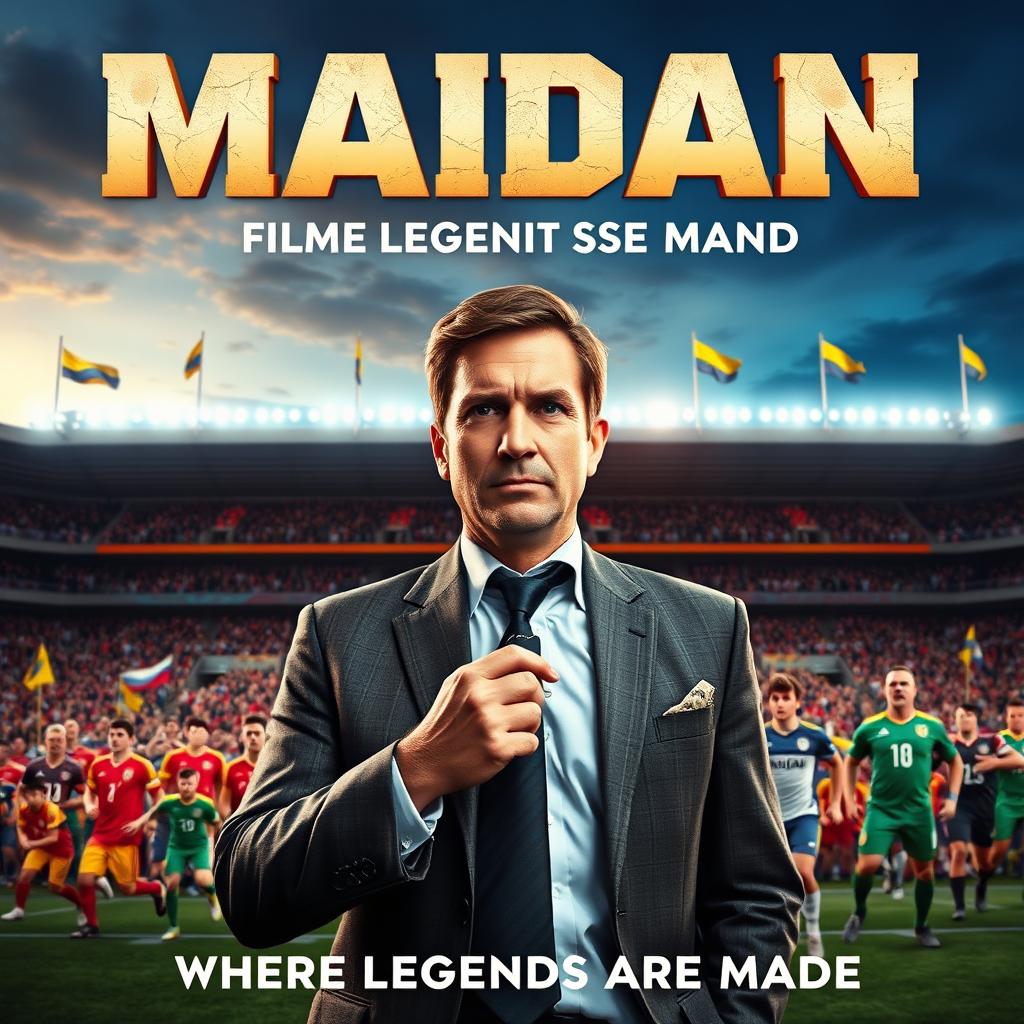 A vibrant and dynamic movie poster for a fictional film titled "Maidan" set against the backdrop of a grand football stadium