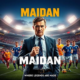 A vibrant and dynamic movie poster for a fictional film titled "Maidan" set against the backdrop of a grand football stadium