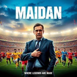 A vibrant and dynamic movie poster for a fictional film titled "Maidan" set against the backdrop of a grand football stadium