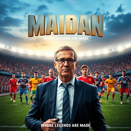 A vibrant and dynamic movie poster for a fictional film titled "Maidan" set against the backdrop of a grand football stadium