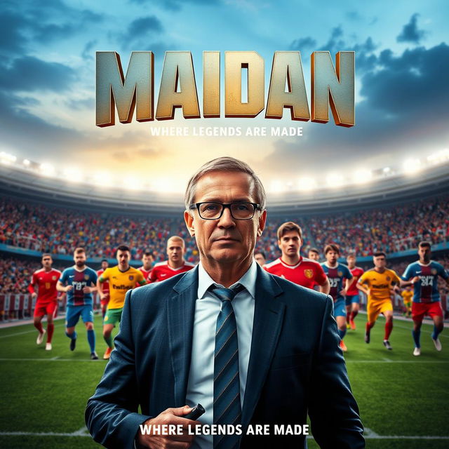 A vibrant and dynamic movie poster for a fictional film titled "Maidan" set against the backdrop of a grand football stadium