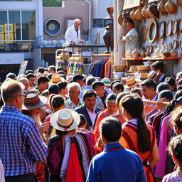 A bustling market scene showcasing a lively garments deal, with a variety of colorful clothing on display