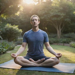 A realistic, shaded drawing of Mark Zuckerberg practicing yoga in a peaceful garden at sunrise, with a hint of focus and tranquility.