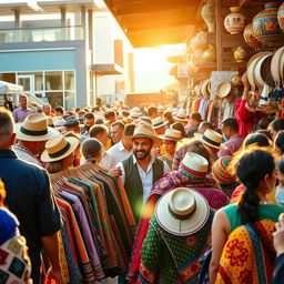 A bustling market scene showcasing a lively garments deal, with a variety of colorful clothing on display