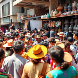 A bustling market scene showcasing a lively garments deal, with a variety of colorful clothing on display