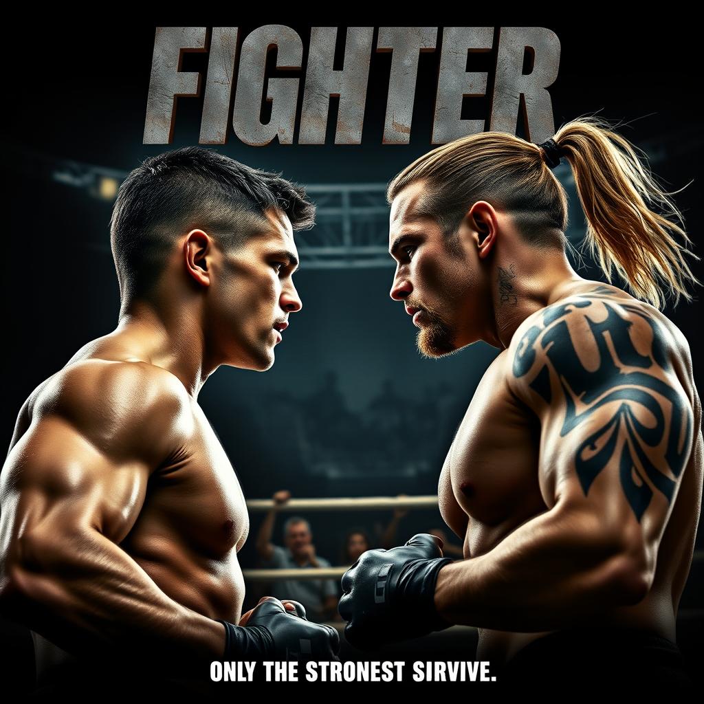 A dynamic and intense movie poster for a film titled "Fighter", featuring two muscular MMA fighters in a fierce face-off