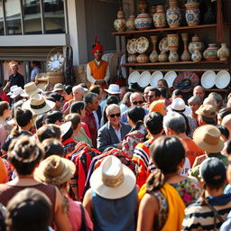 A bustling market scene showcasing a lively garments deal, with a variety of colorful clothing on display