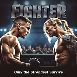 A dynamic and intense movie poster for a film titled "Fighter", featuring two muscular MMA fighters in a fierce face-off