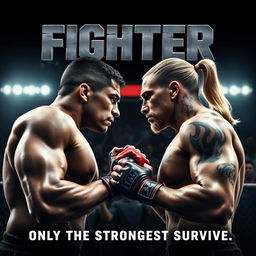 A dynamic and intense movie poster for a film titled "Fighter", featuring two muscular MMA fighters in a fierce face-off