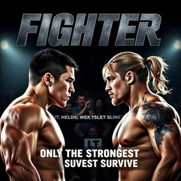 A dynamic and intense movie poster for a film titled "Fighter", featuring two muscular MMA fighters in a fierce face-off