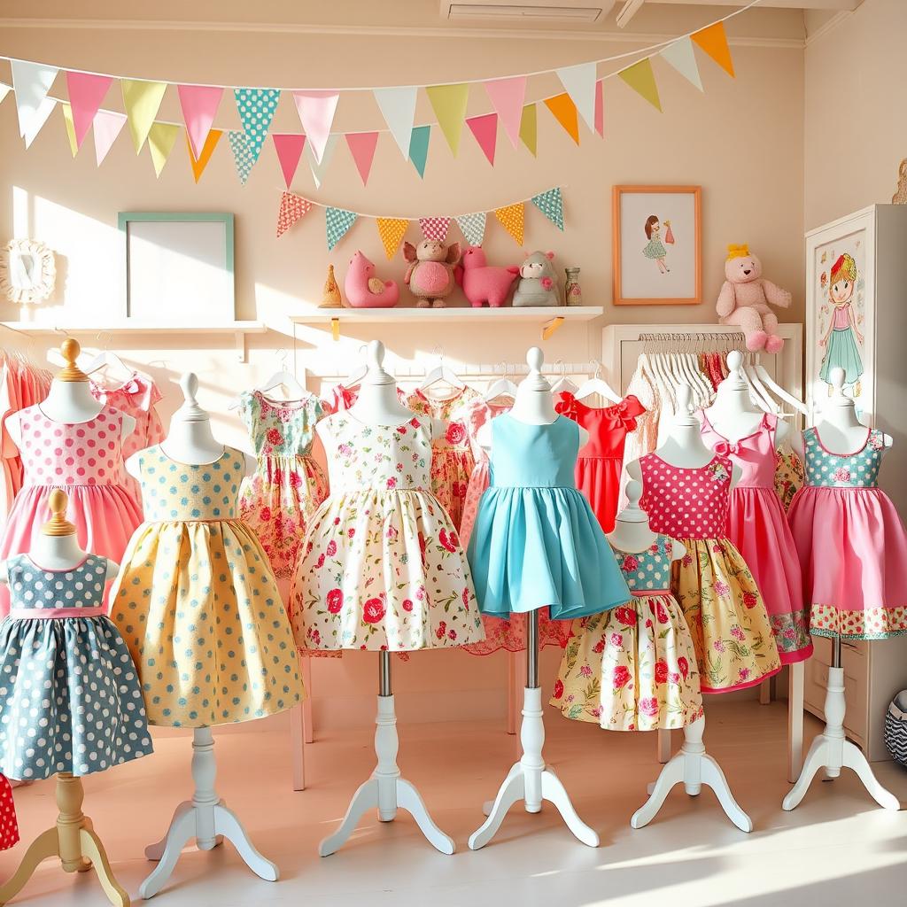 A delightful display of kids' frocks in a charming boutique setting