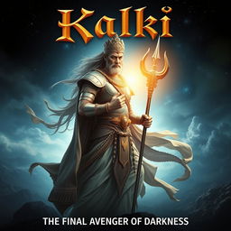 A captivating and mystical movie poster for a film titled "Kalki", featuring an ethereal and divine figure embodying wisdom and power