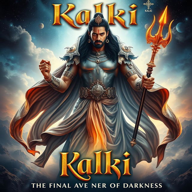 A captivating and mystical movie poster for a film titled "Kalki", featuring an ethereal and divine figure embodying wisdom and power