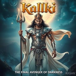 A captivating and mystical movie poster for a film titled "Kalki", featuring an ethereal and divine figure embodying wisdom and power