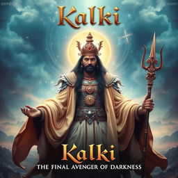 A captivating and mystical movie poster for a film titled "Kalki", featuring an ethereal and divine figure embodying wisdom and power