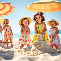 A joyful summer vacation scene featuring kids wearing colorful frocks playing on a sandy beach