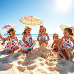 A joyful summer vacation scene featuring kids wearing colorful frocks playing on a sandy beach