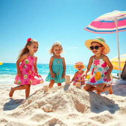 A joyful summer vacation scene featuring kids wearing colorful frocks playing on a sandy beach