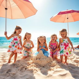 A joyful summer vacation scene featuring kids wearing colorful frocks playing on a sandy beach