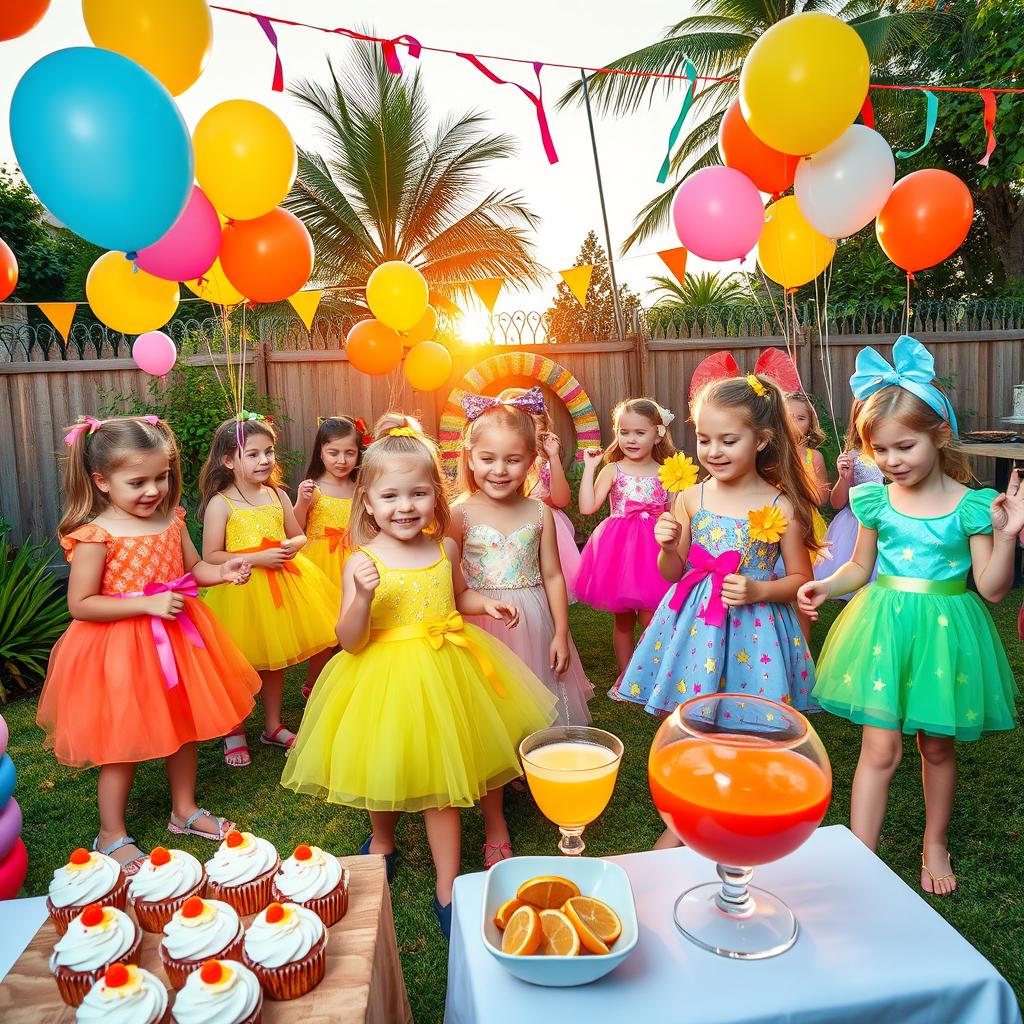 A lively vacation party scene with kids wearing vibrant frocks enjoying various activities