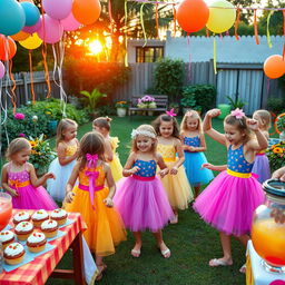 A lively vacation party scene with kids wearing vibrant frocks enjoying various activities