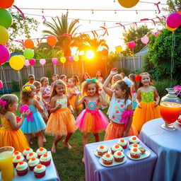 A lively vacation party scene with kids wearing vibrant frocks enjoying various activities