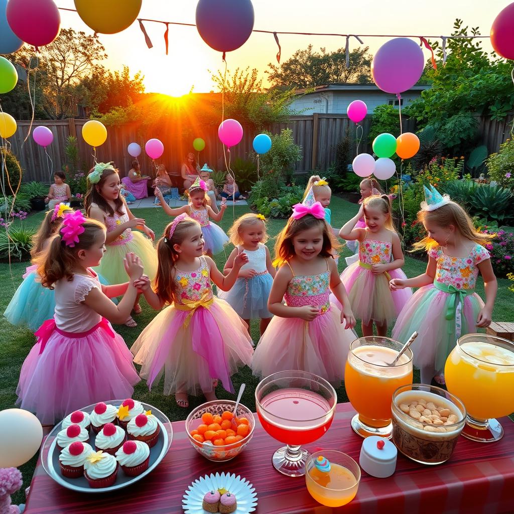 A lively vacation party scene with kids wearing vibrant frocks enjoying various activities