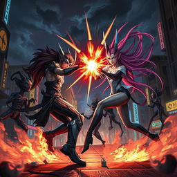 Jinx and Vi from Arcane engage in an intense battle with futuristic aliens in a city town at night