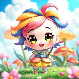 A cute and playful chibi character, with big eyes and a round head, wearing a colorful outfit with pastel hues