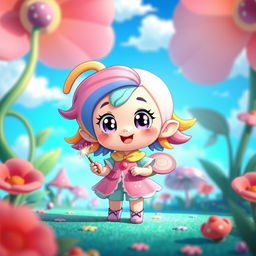 A cute and playful chibi character, with big eyes and a round head, wearing a colorful outfit with pastel hues