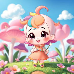 A cute and playful chibi character, with big eyes and a round head, wearing a colorful outfit with pastel hues