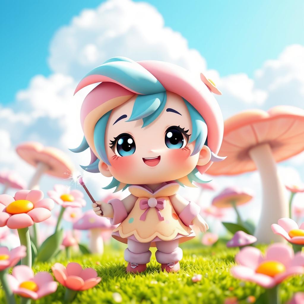 A cute and playful chibi character, with big eyes and a round head, wearing a colorful outfit with pastel hues