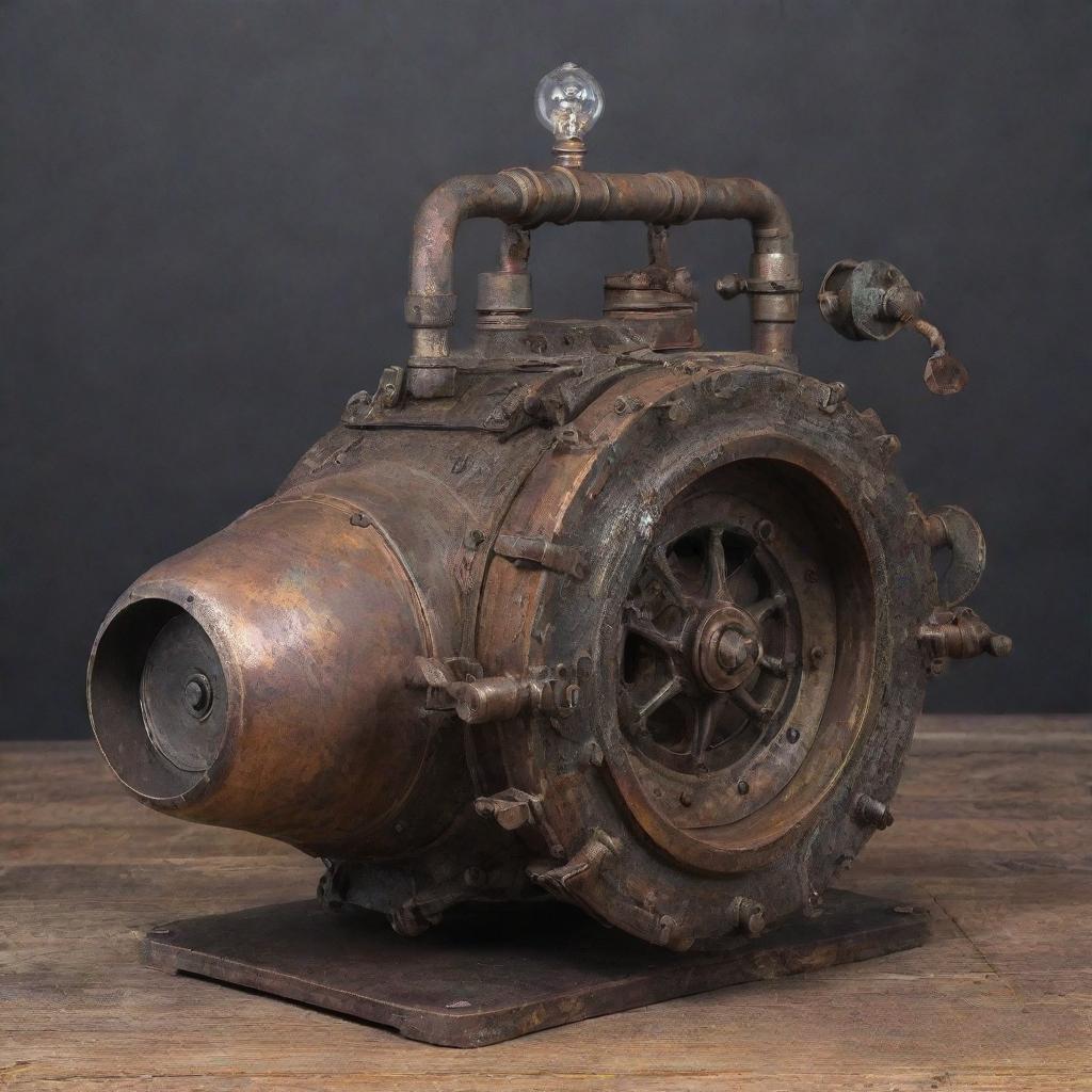 A time machine built from recycled metals and repurposed engines. The device is rustic, yet innovative, with a patina of age and use, illustrating endless space-time journeys.