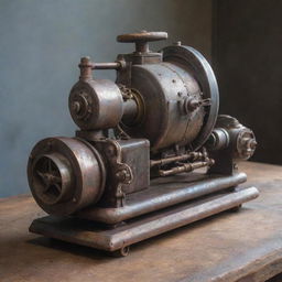 A time machine built from recycled metals and repurposed engines. The device is rustic, yet innovative, with a patina of age and use, illustrating endless space-time journeys.