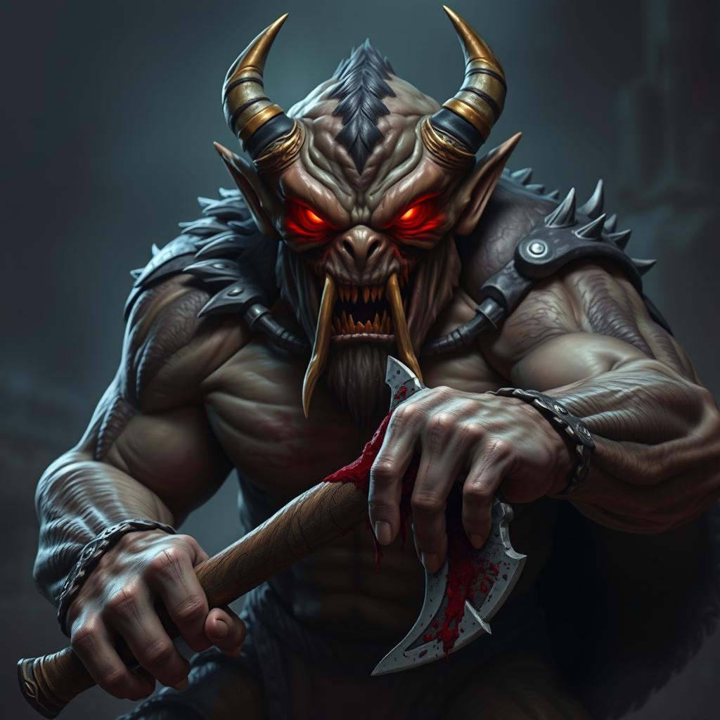 A formidable orc demon with glowing red eyes, exuding a fierce and intimidating aura