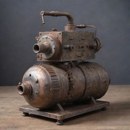 A time machine built from recycled metals and repurposed engines. The device is rustic, yet innovative, with a patina of age and use, illustrating endless space-time journeys.