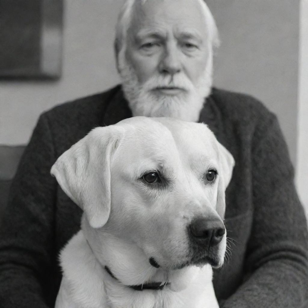 A monochrome image of a labrador retriever in black and white, cozily sitting between two bearded men with white hair and beards.