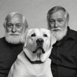 A monochrome image of a labrador retriever in black and white, cozily sitting between two bearded men with white hair and beards.