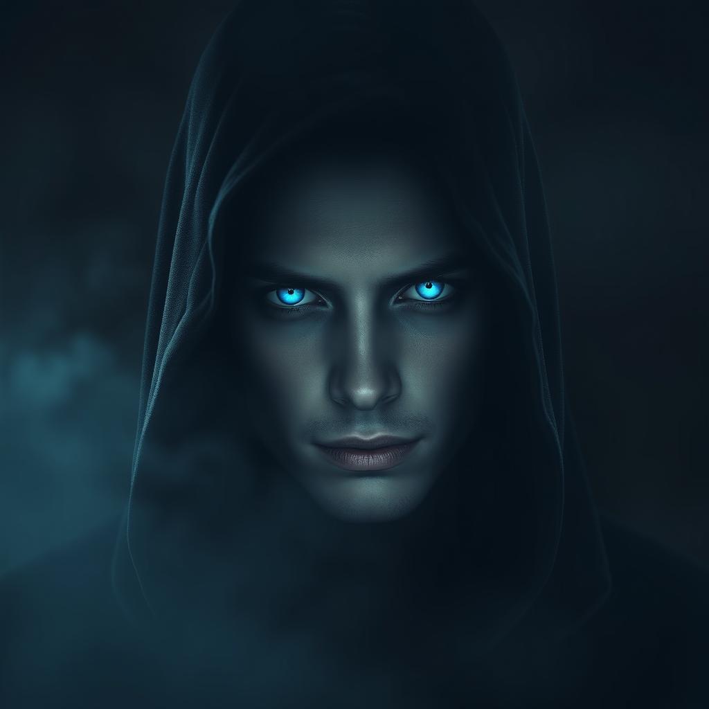 A mysterious spectral figure cloaked in shadows, wearing a hooded cape that partially obscures their face