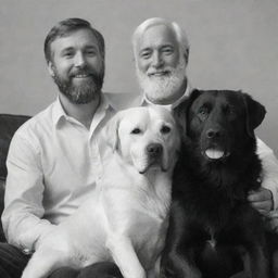 A monochrome image of a labrador retriever in black and white, cozily sitting between two bearded men with white hair and beards.