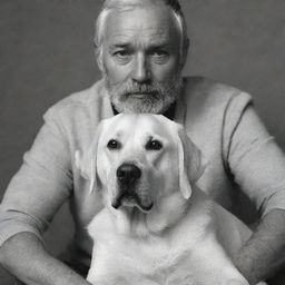 A monochrome image of a labrador retriever in black and white, cozily sitting between two bearded men with white hair and beards.