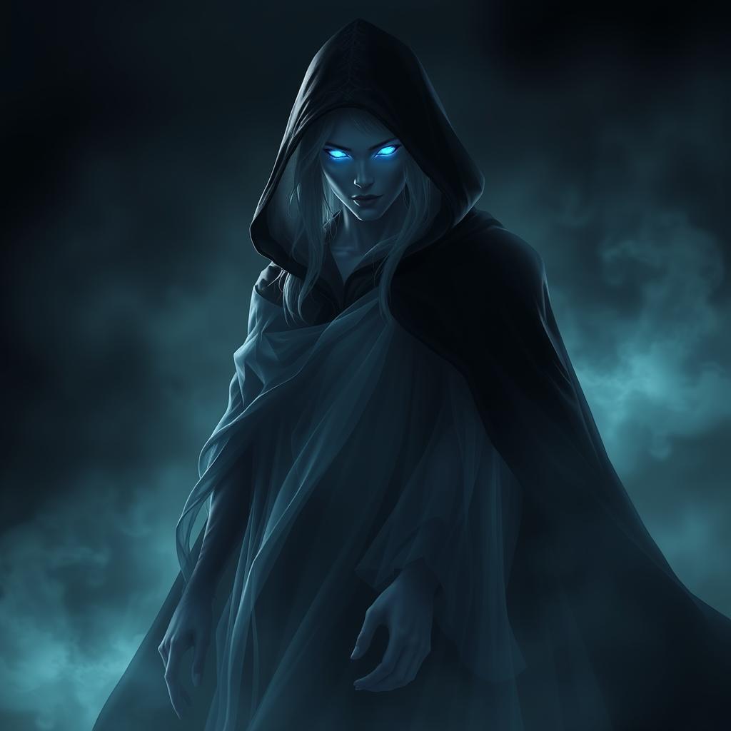A spectral figure with a complete body, cloaked in shadows and wearing a hooded cape