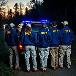 Four agents wearing blue jackets with yellow letters on the back saying DFA, cream pants with pockets, and caps saying DFA